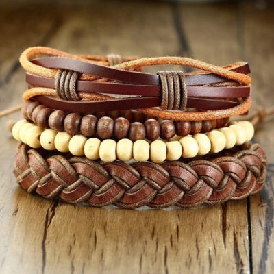 Pack Baltazar pulseras cuero madera 4X