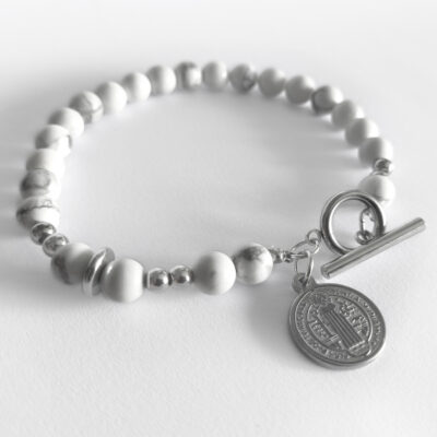 Pulsera San Benito Howlita Blanca + Acero Inoxidable