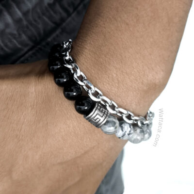 Pulsera Doble Merlín Jaspe Picasso Obsidiana Acero Inoxidable