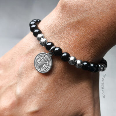 Pulsera San Benito Obsidiana 6mm + Acero Inoxidable – Ajustable