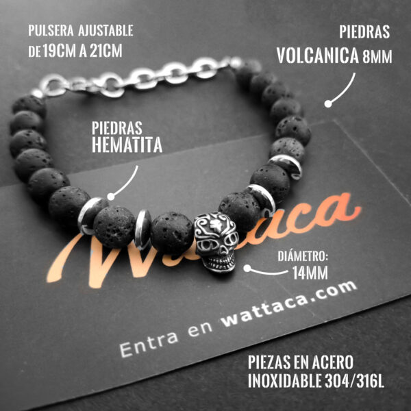 Pulsera Calavera Volcánica Hematita Acero Inoxidable en Lima Perú Wattaca