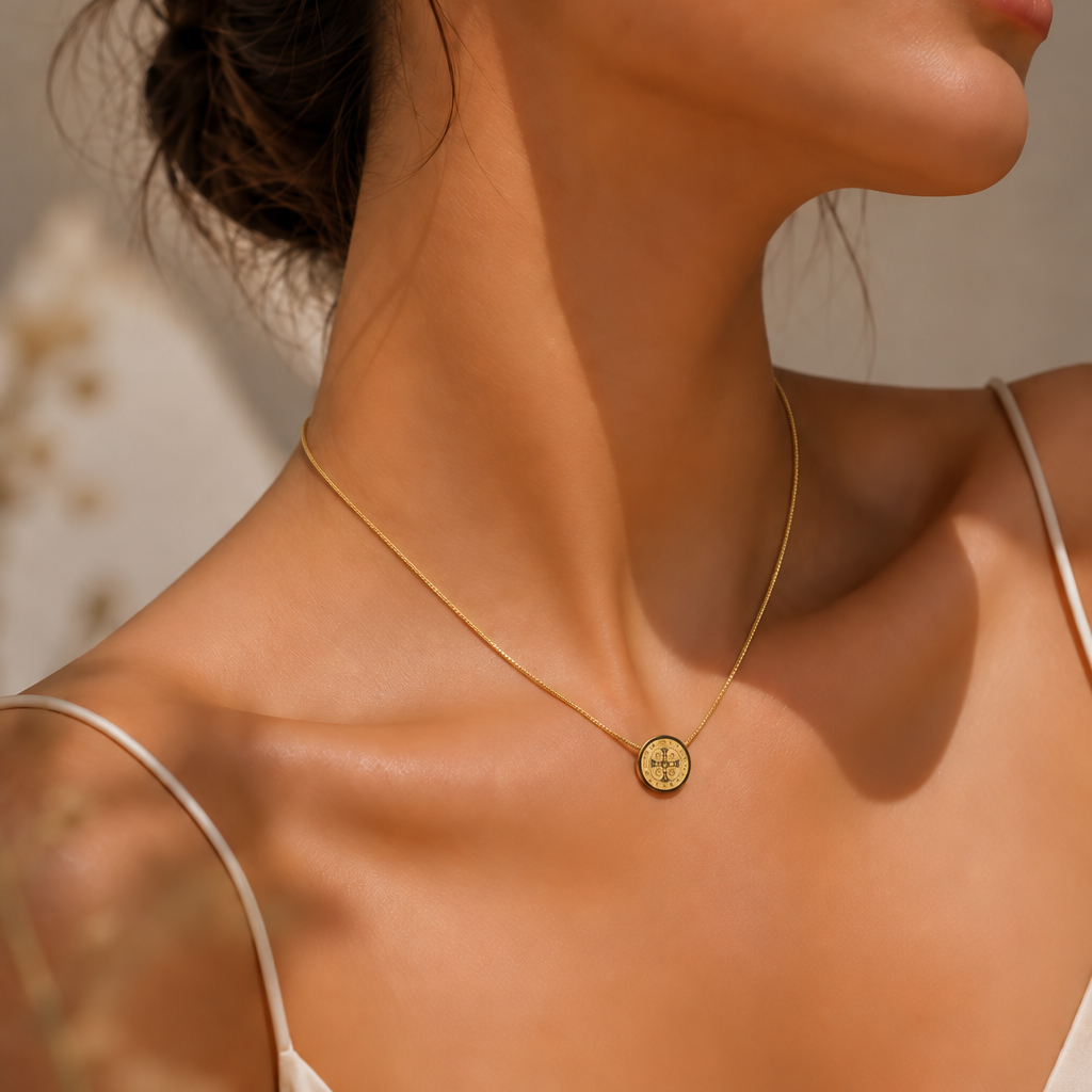 Collar Cruz de San Benito Minimalista Gold Acero Inoxidable – Colección Mujer
