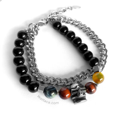 Pulsera Doble Calavera Acero Inoxidable Obsidiana